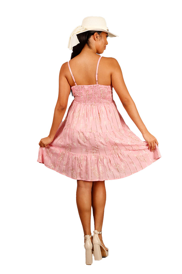 Vestido Corto Rosa Hot Stamping Dorado