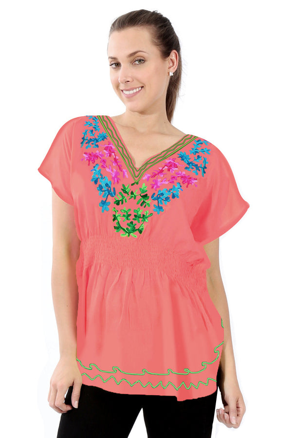 Blusa Caftàn con Bordado de Flores en Colores Vivos