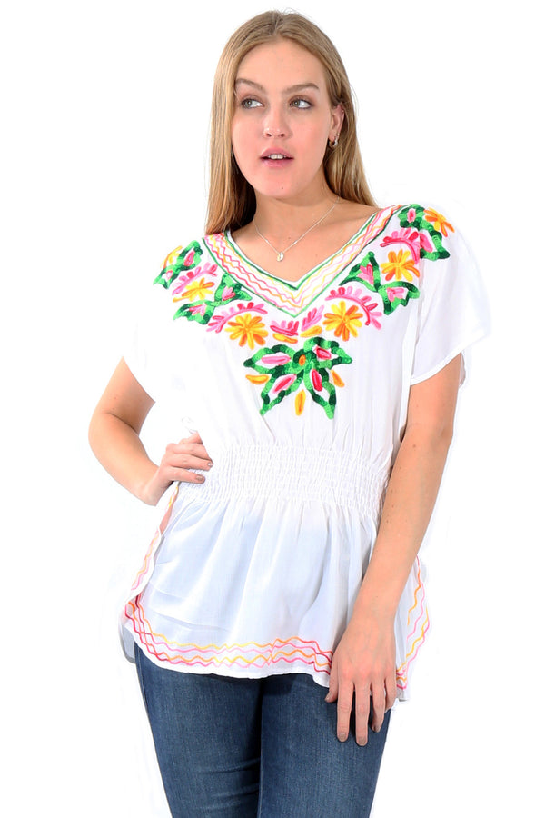 Blusa Caftàn con Bordado de Flores en Colores Vivos