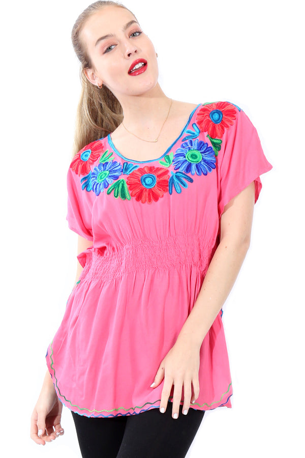 Blusa Caftàn con Bordado de Flores Grandes en Colores Vivos