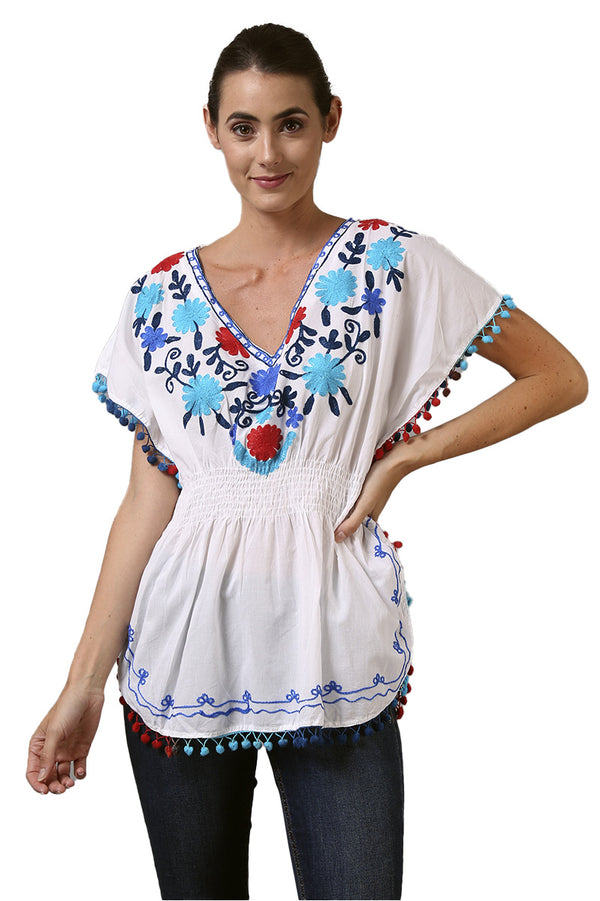 Blusa Caftán con Bordado de Flores y Pompones Multicolor