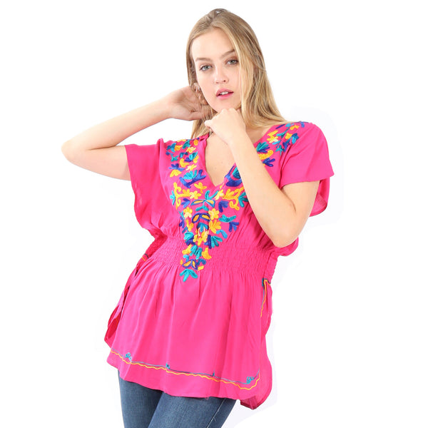 Blusa Caftàn con Bordado de Flores en Colores Vivos