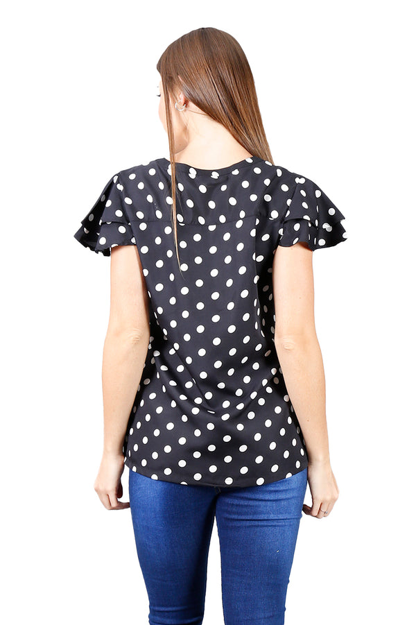 Blusa Manga Corta Con Olan Puntos Blancos